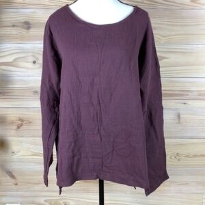 Lagenlook Gauze Top Women 5XL Purple Long Sleeve Oversized Texture Cotton Blouse